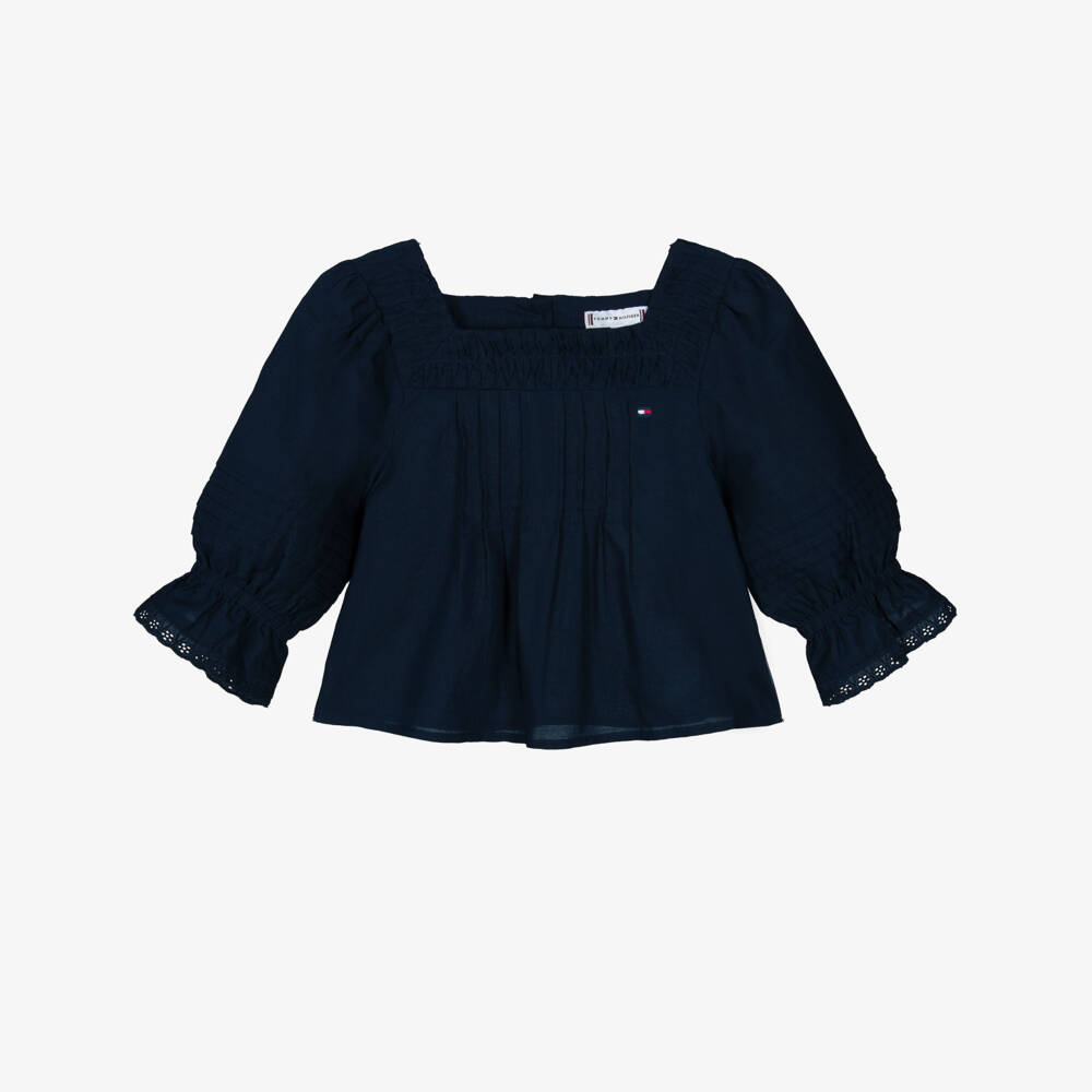 Tommy Hilfiger-Girls Navy Blue Cotton Pintuck Blouse with Broderie Trims | Childrensalon Outlet