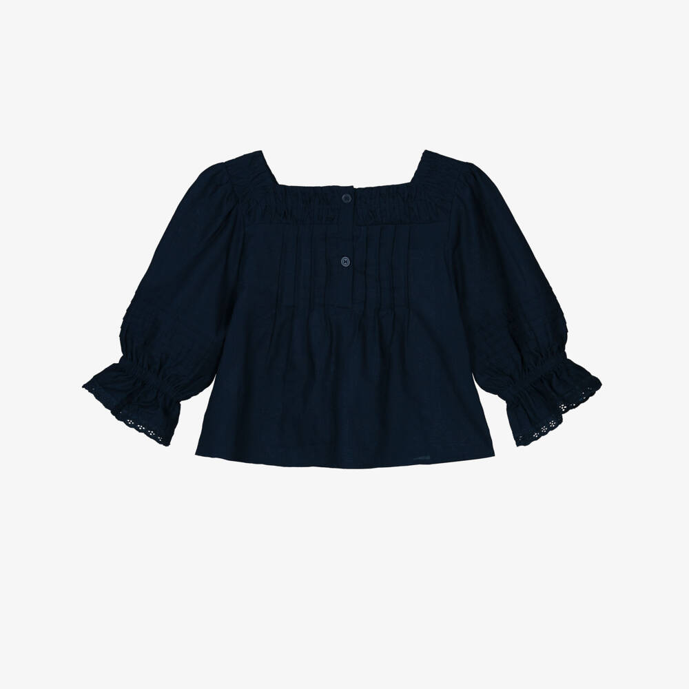 Tommy Hilfiger-Girls Navy Blue Cotton Pintuck Blouse with Broderie Trims | Childrensalon Outlet
