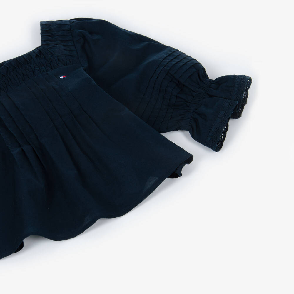 Tommy Hilfiger-Girls Navy Blue Cotton Pintuck Blouse with Broderie Trims | Childrensalon Outlet