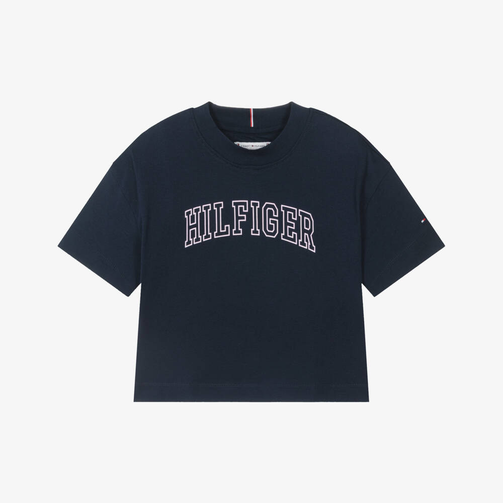 Tommy Hilfiger-Girls Navy Blue Cotton T-Shirt with Pink Varsity Logo | Childrensalon Outlet