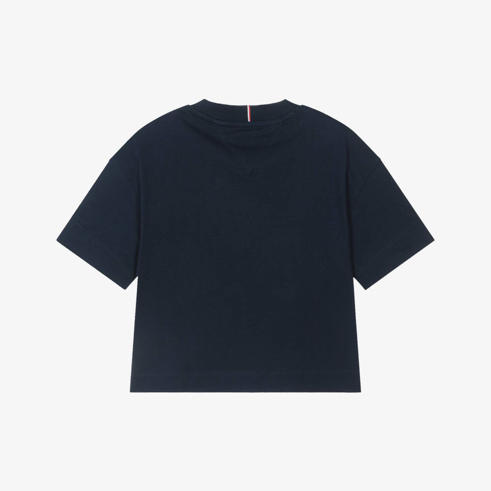 Tommy Hilfiger-Girls Navy Blue Cotton T-Shirt with Pink Varsity Logo | Childrensalon Outlet