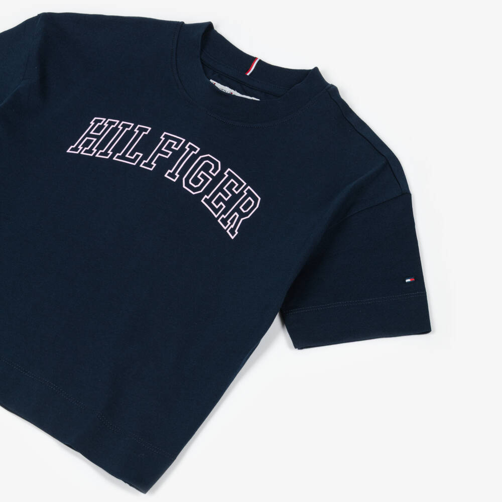 Tommy Hilfiger-Girls Navy Blue Cotton T-Shirt with Pink Varsity Logo | Childrensalon Outlet