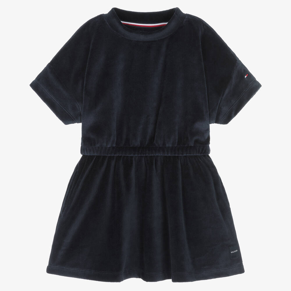 Tommy Hilfiger - Girls Navy Blue Cotton Velour Dress | Childrensalon