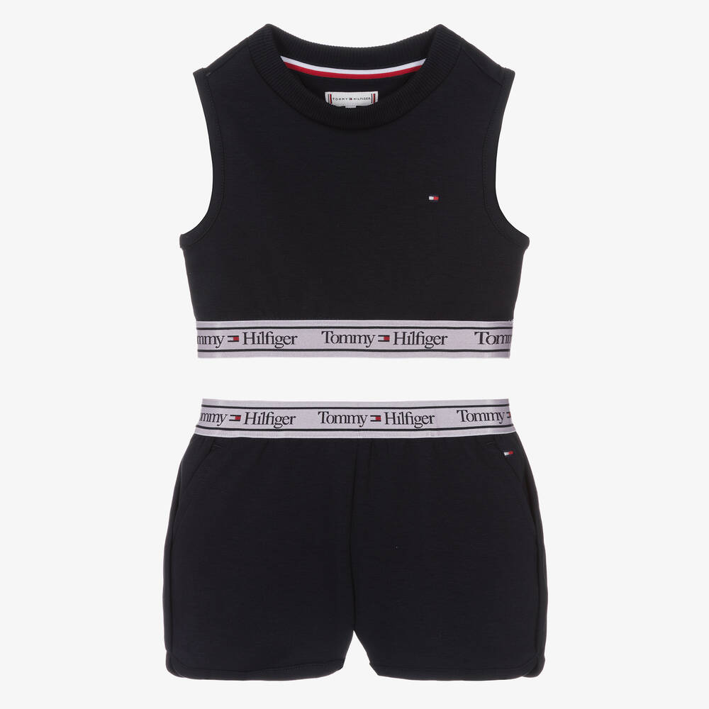 Tommy Hilfiger - Girls Navy Blue Jersey Logo Shorts Set | Childrensalon