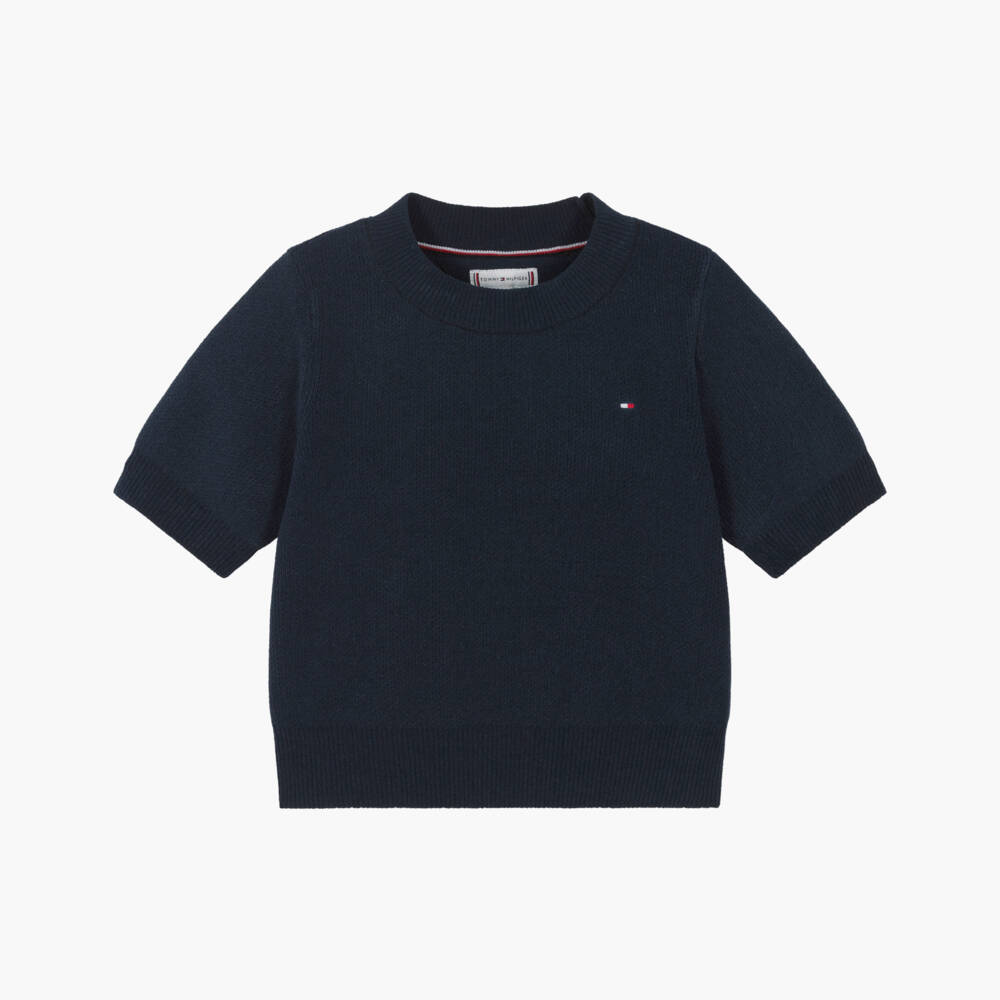 Tommy Hilfiger-Girls Navy Blue Knitted Short Sleeve Jumper | Childrensalon Outlet