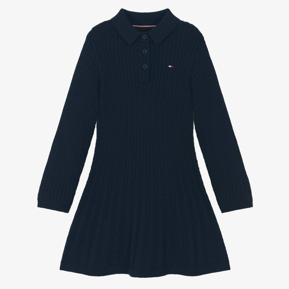 Tommy Hilfiger-Girls Navy Blue Organic Cotton Cable Knit Polo Dress | Childrensalon Outlet