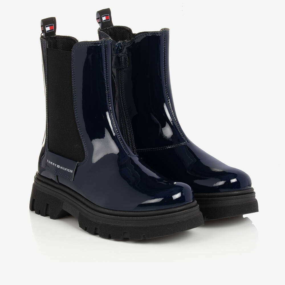 Tommy Hilfiger Girls Navy Blue Patent Chelsea Boots Childrensalon Outlet