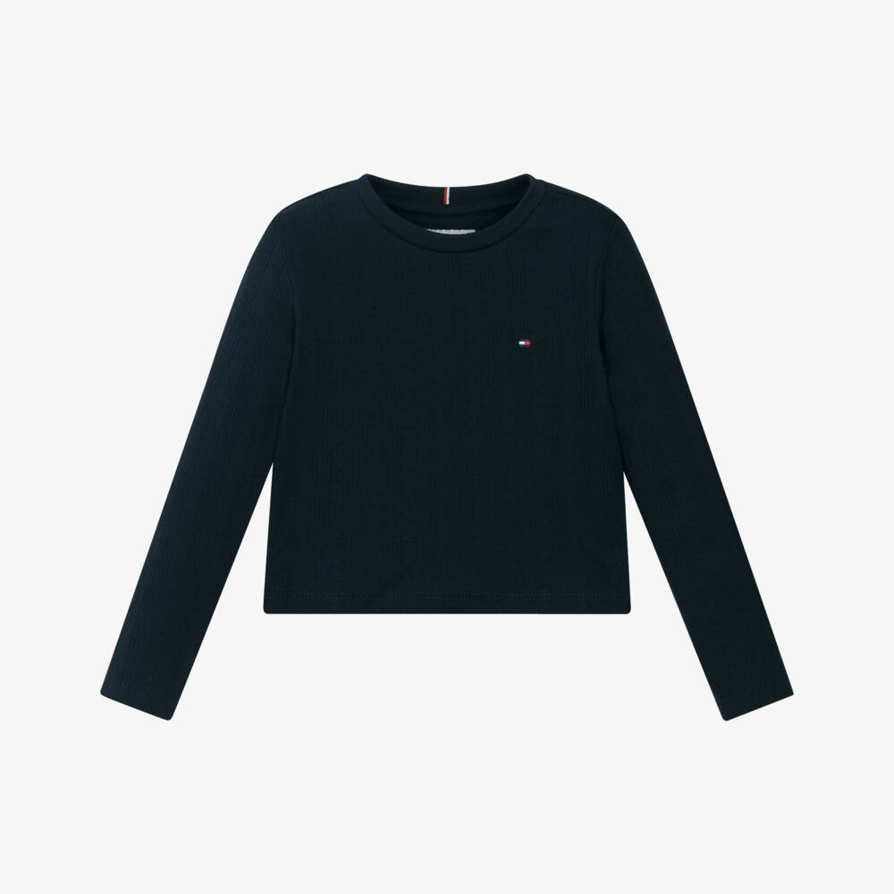 Tommy Hilfiger-Girls Navy Blue Ribbed Jersey Cotton Top | Childrensalon Outlet