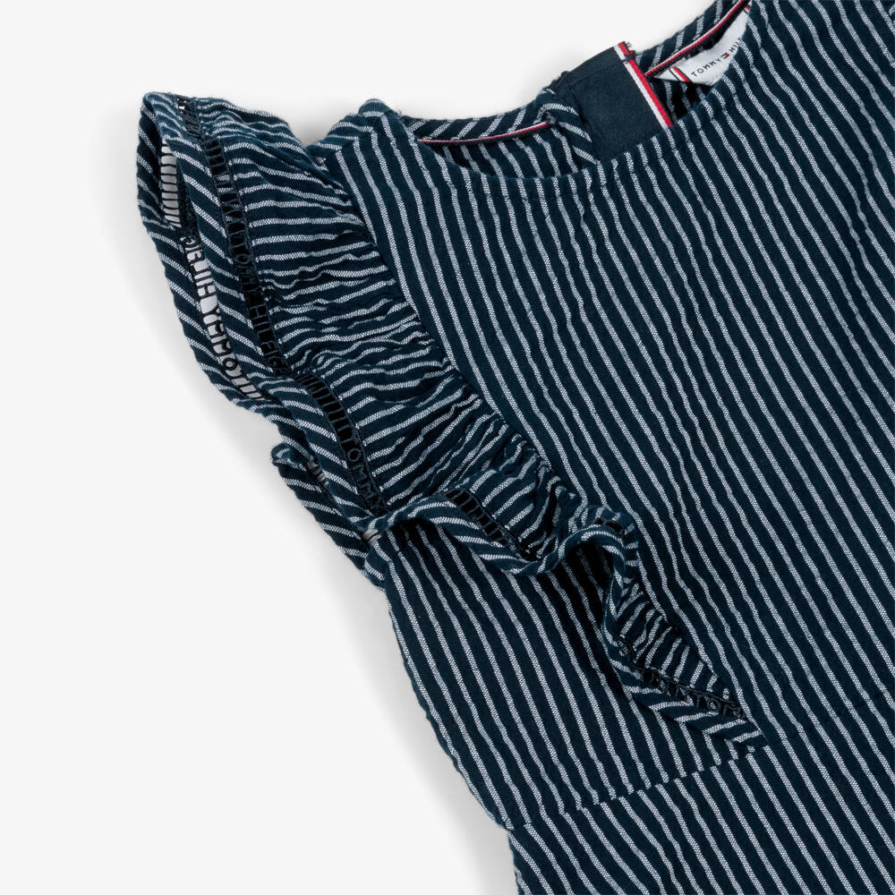 Tommy Hilfiger-Girls Navy Blue Striped Seersucker Dress with Ruffles | Childrensalon Outlet