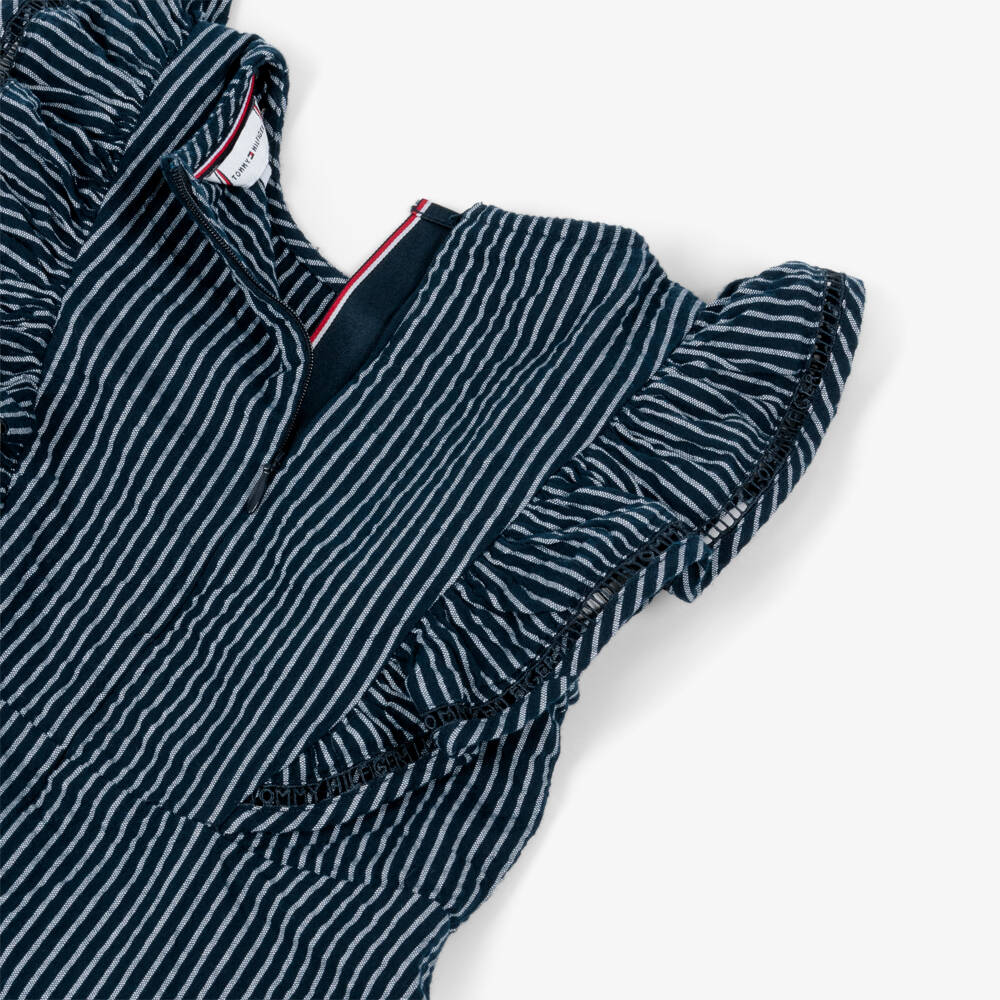 Tommy Hilfiger-Girls Navy Blue Striped Seersucker Dress with Ruffles | Childrensalon Outlet