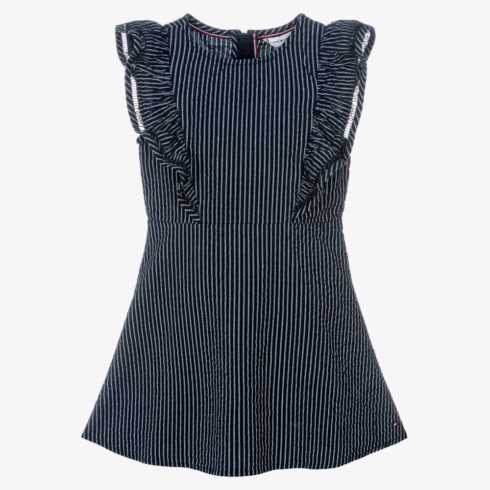 Tommy Hilfiger-Girls Navy Blue Striped Seersucker Dress with Ruffles | Childrensalon Outlet