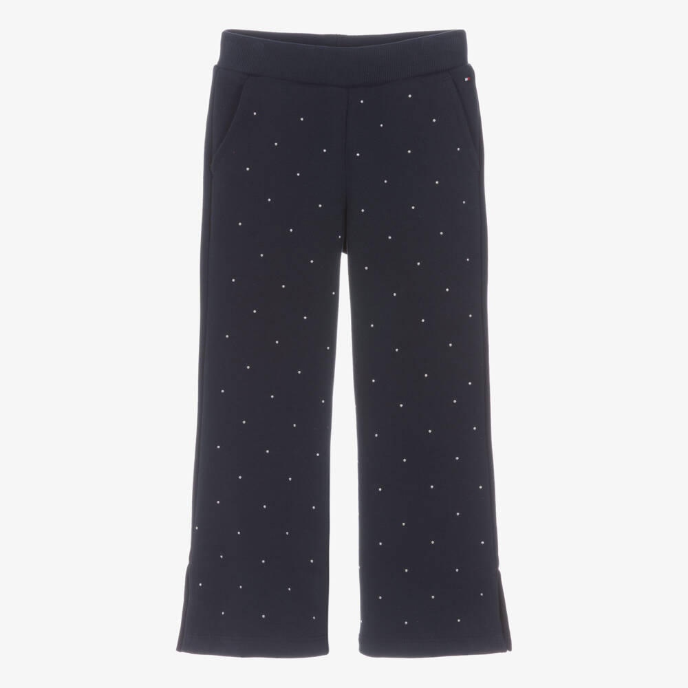 Tommy Hilfiger-Girls Navy Blue Wide Leg Joggers with Silver Studs | Childrensalon Outlet