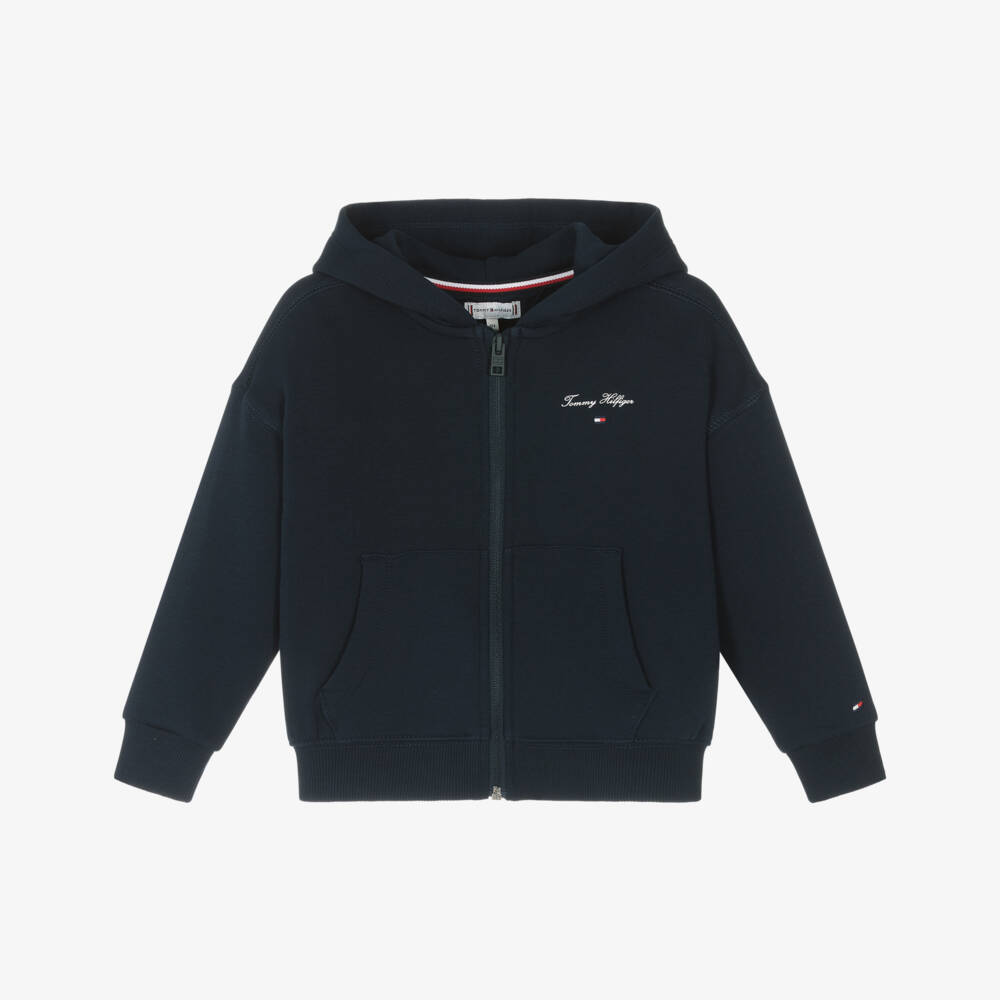 Tommy Hilfiger-جاكيت قطني بغطاء رأس بسحاب للبنات بلون كحلي | Childrensalon Outlet