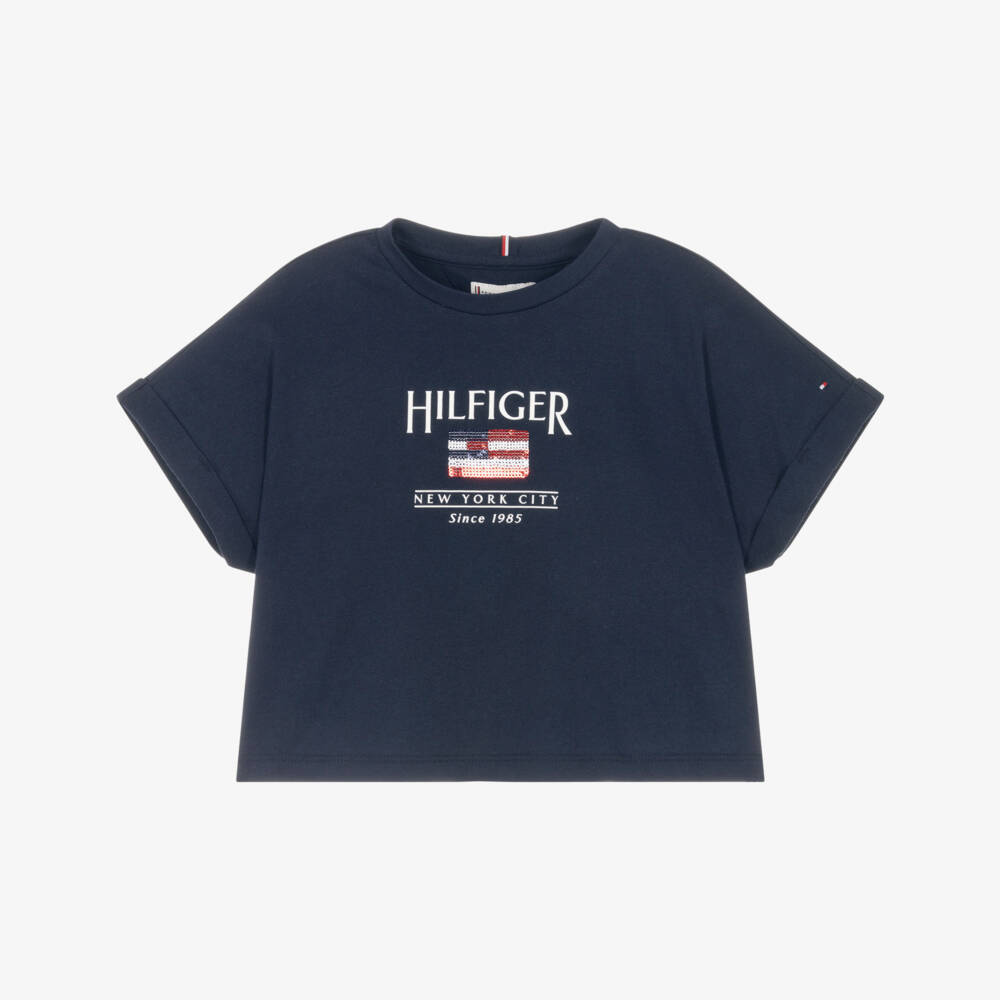 Tommy Hilfiger-Girls Navy Sparkle Emblem Tee | Childrensalon Outlet