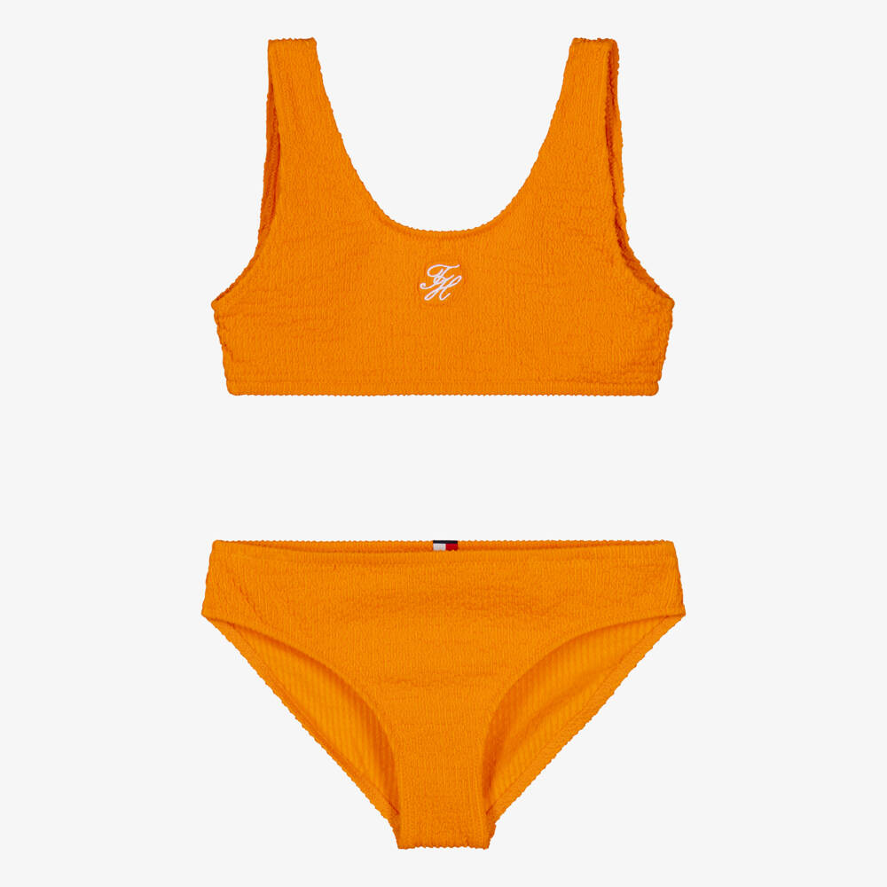 Tommy Hilfiger-Girls Orange Crinkle Bikini with Logo Embroidery | Childrensalon Outlet