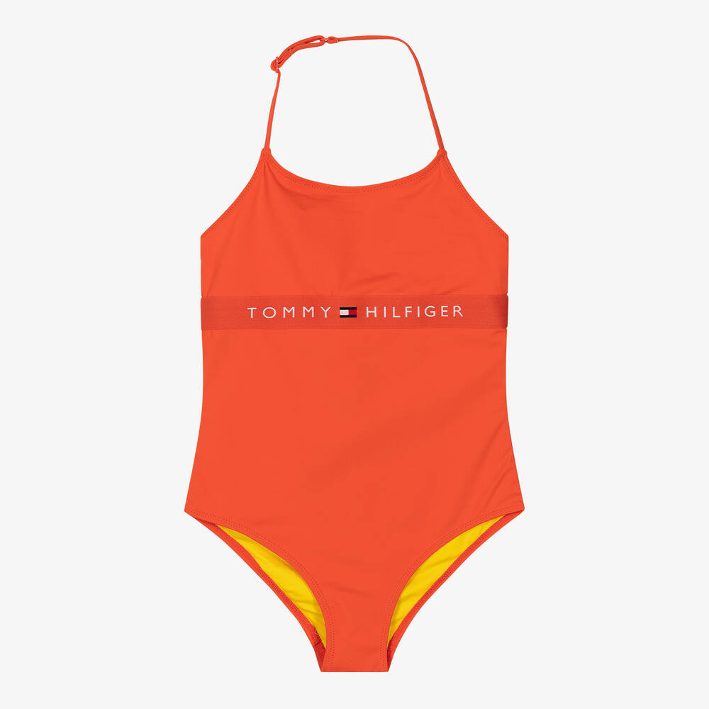 Tommy Hilfiger - Girls Orange Flag Logo Swimsuit | Childrensalon