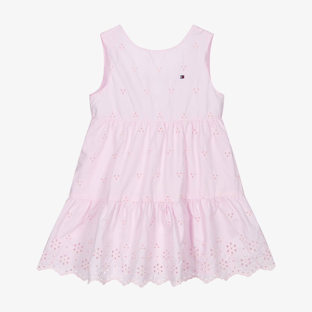 Tommy Hilfiger-Girls Pale Pink Broderie Anglaise Cotton Dress | Childrensalon Outlet