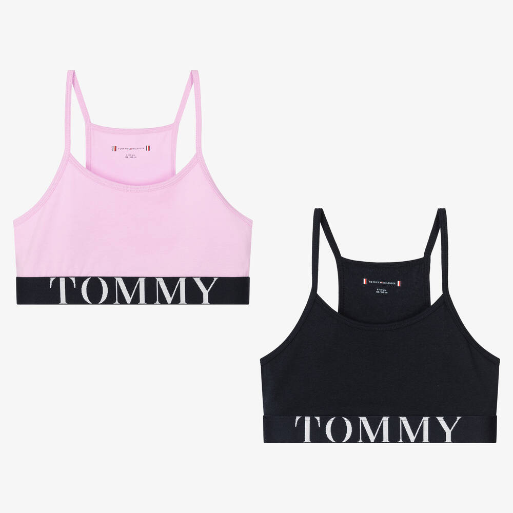 Tommy Hilfiger - Girls Pink & Black Cotton Bralettes (2 Pack) | Childrensalon