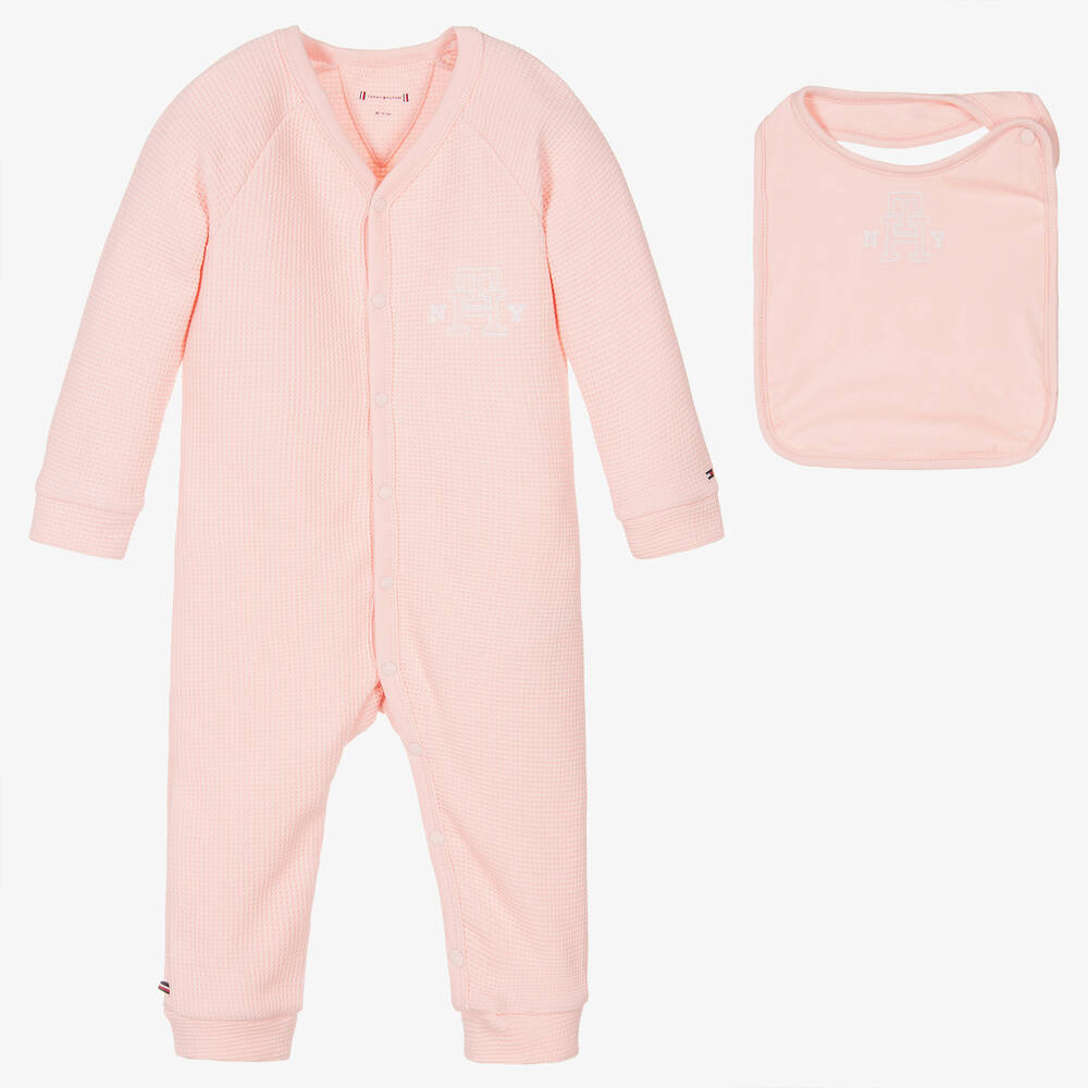 Tommy Hilfiger - Girls Pink Cotton Babysuit & Bib Set | Childrensalon
