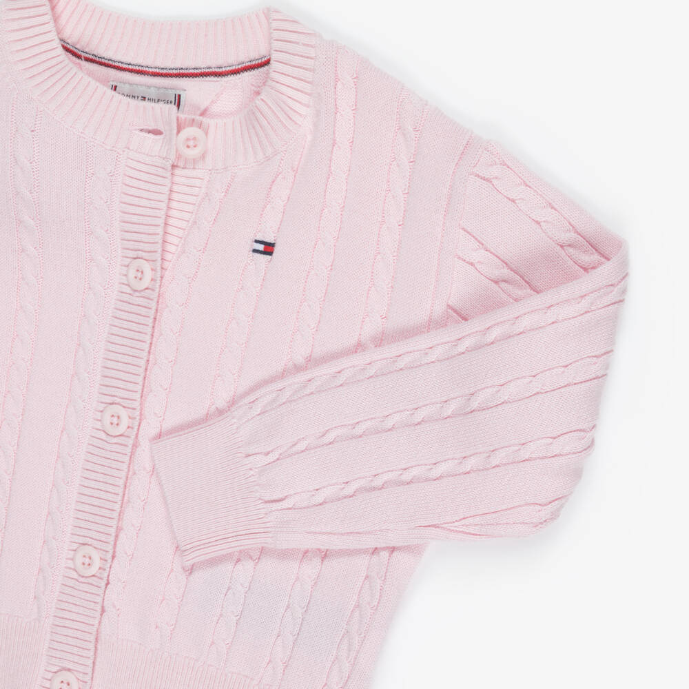 Tommy Hilfiger-Girls Pink Cotton Cable Knit Crew Neck Cardigan | Childrensalon Outlet