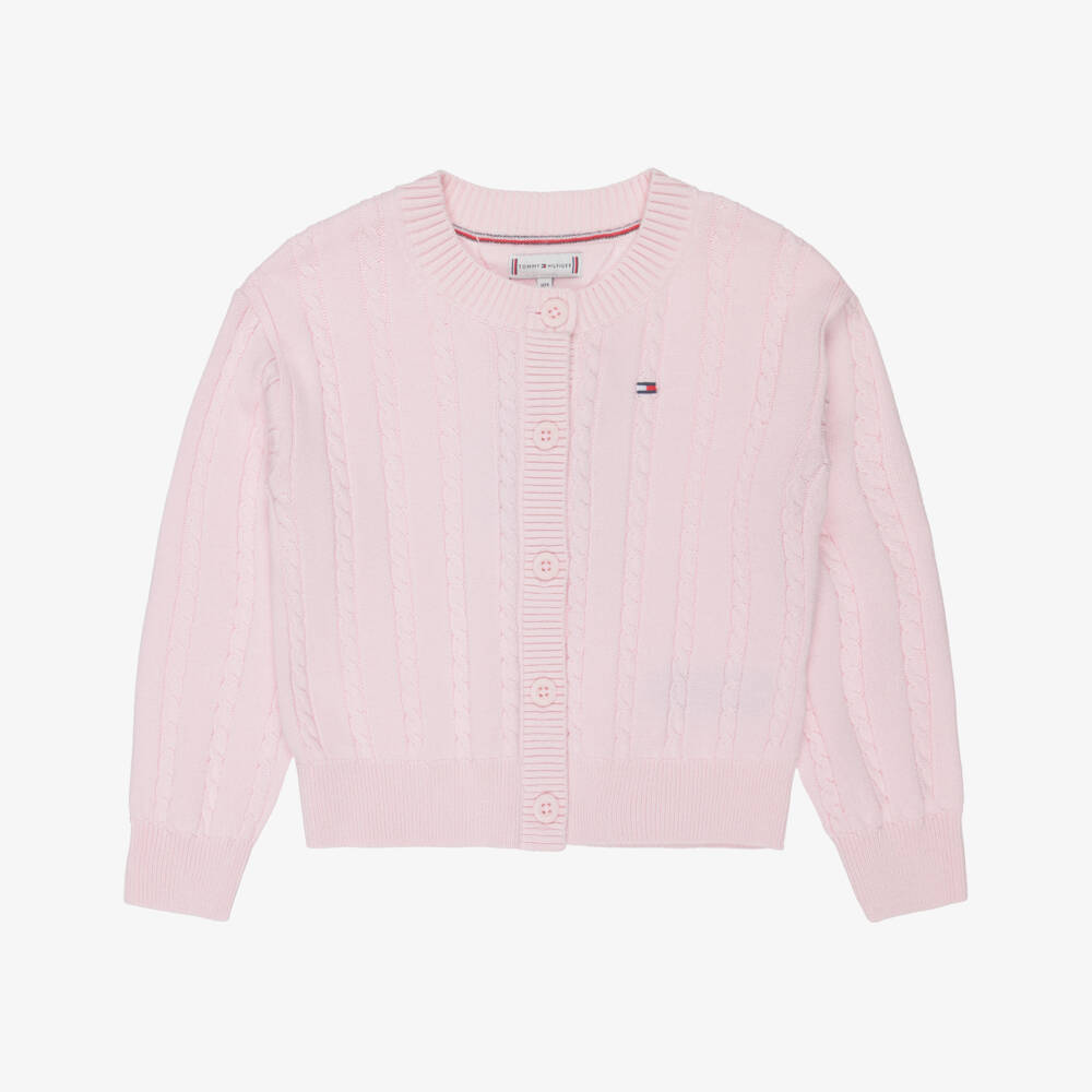 Tommy Hilfiger-Girls Pink Cotton Cable Knit Crew Neck Cardigan | Childrensalon Outlet