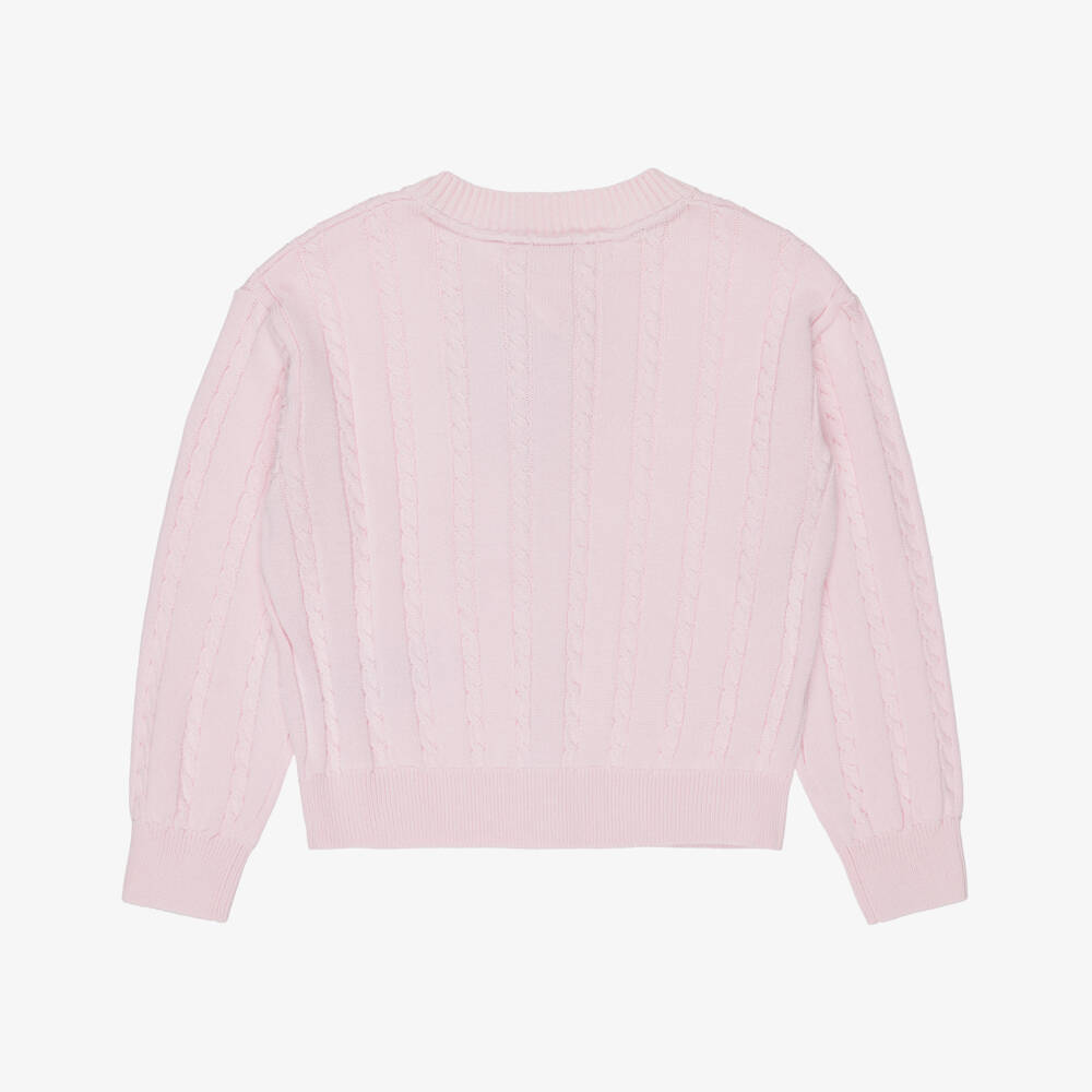 Tommy Hilfiger-Girls Pink Cotton Cable Knit Crew Neck Cardigan | Childrensalon Outlet