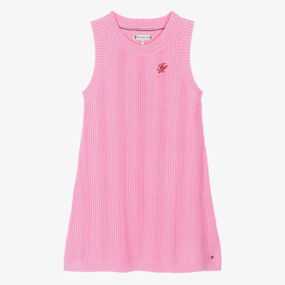 Tommy Hilfiger-Girls Pink Cotton Crochet Knit Jumper Dress | Childrensalon Outlet