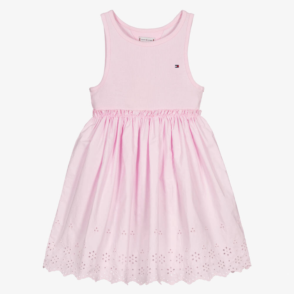 Tommy Hilfiger-Girls Pink Cotton Jersey & Broderie Anglaise Dress | Childrensalon Outlet