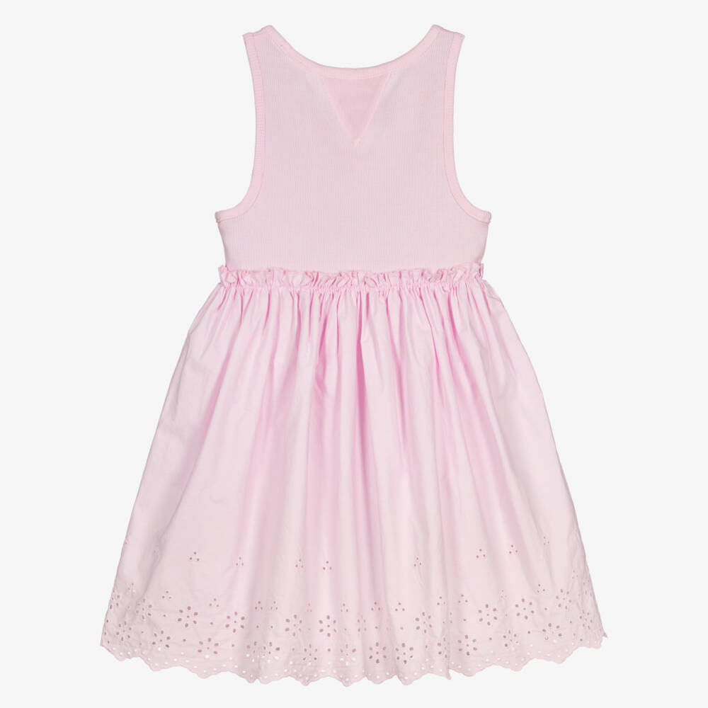 Tommy Hilfiger-Girls Pink Cotton Jersey & Broderie Anglaise Dress | Childrensalon Outlet