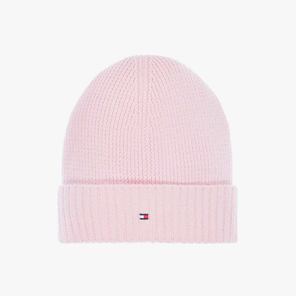 Tommy Hilfiger-Girls Pink Cotton Knit Flag Logo Beanie Hat | Childrensalon Outlet
