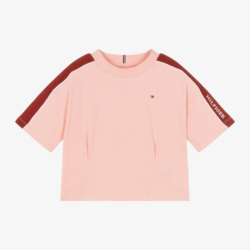 Tommy Hilfiger-Girls Pink Cotton Logo Tape T-Shirt | Childrensalon Outlet