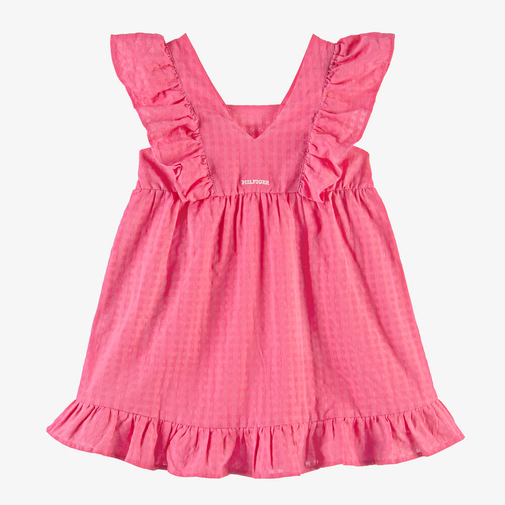 Tommy Hilfiger-فستان قطن سيرسوكر لون زهري مزين بكشكش | Childrensalon Outlet