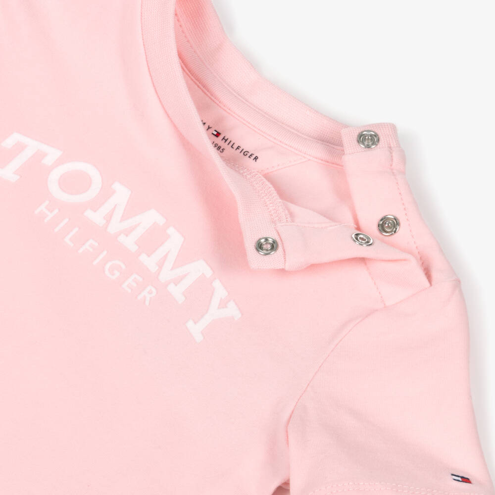 Tommy Hilfiger-Girls Pink Cotton T-Shirt with White Flocked Logo Print | Childrensalon Outlet