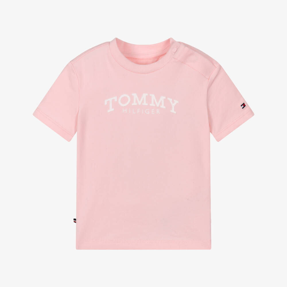 Tommy Hilfiger-Girls Pink Cotton T-Shirt with White Flocked Logo Print | Childrensalon Outlet