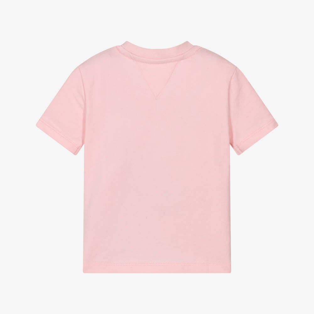 Tommy Hilfiger-Girls Pink Cotton T-Shirt with White Flocked Logo Print | Childrensalon Outlet