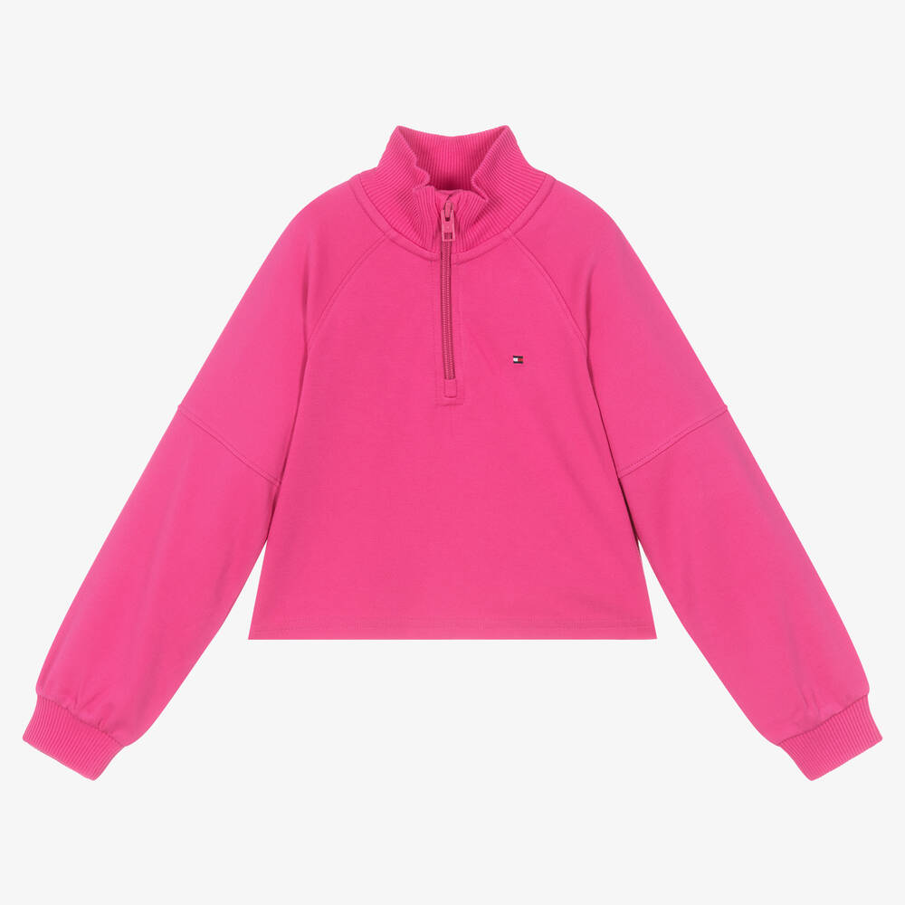 Tommy Hilfiger - Girls Pink Half Zip Flag Sweatshirt | Childrensalon