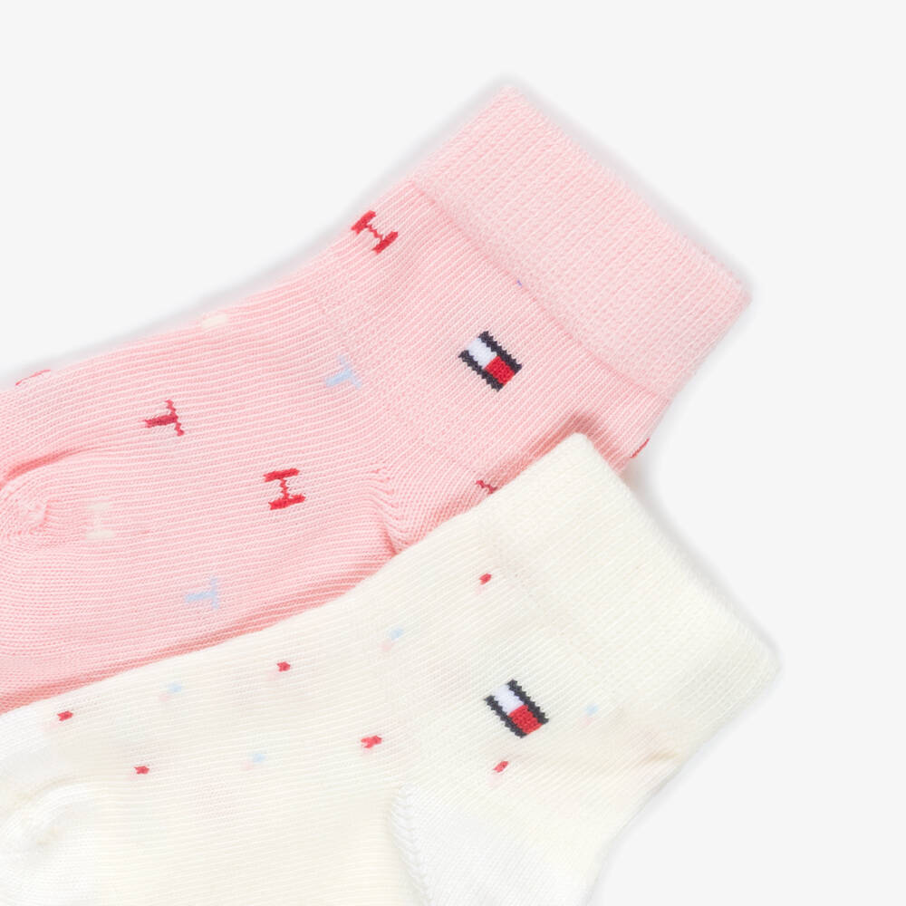 Tommy Hilfiger-Girls Pink & Ivory Knitted Ankle Socks with Flag Logo | Childrensalon Outlet