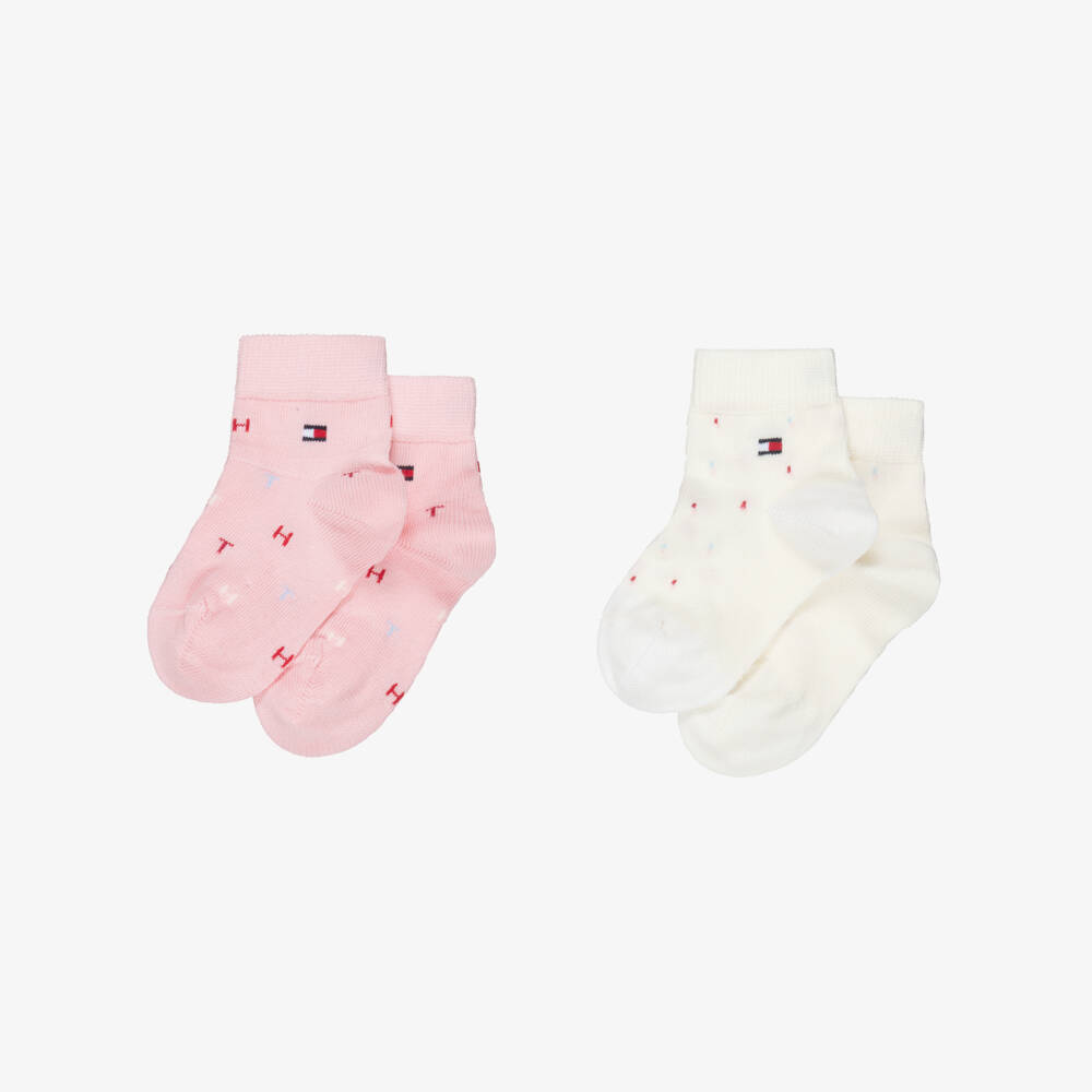 Tommy Hilfiger-Girls Pink & Ivory Knitted Ankle Socks with Flag Logo | Childrensalon Outlet