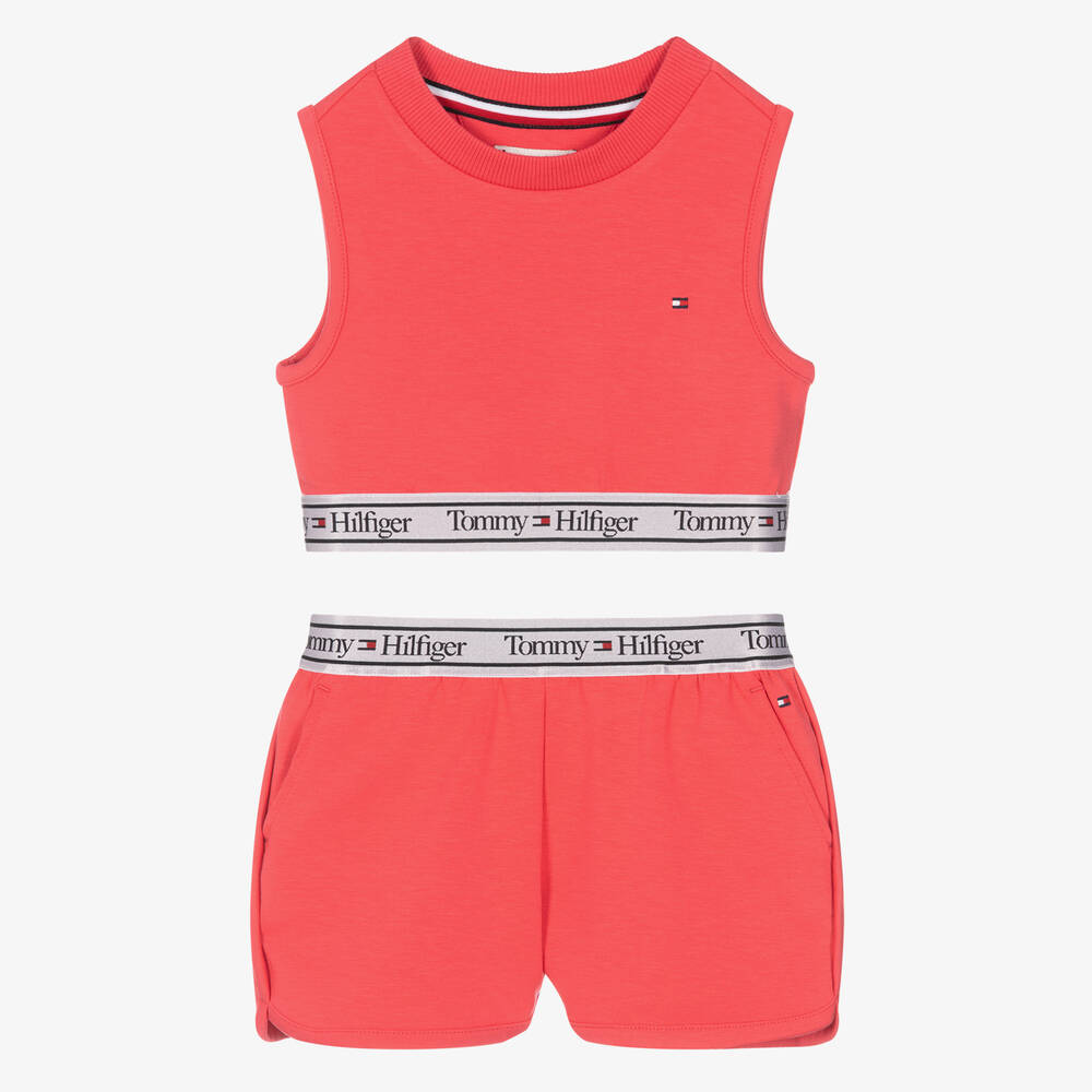 Tommy Hilfiger - Girls Pink Jersey Logo Shorts Set | Childrensalon