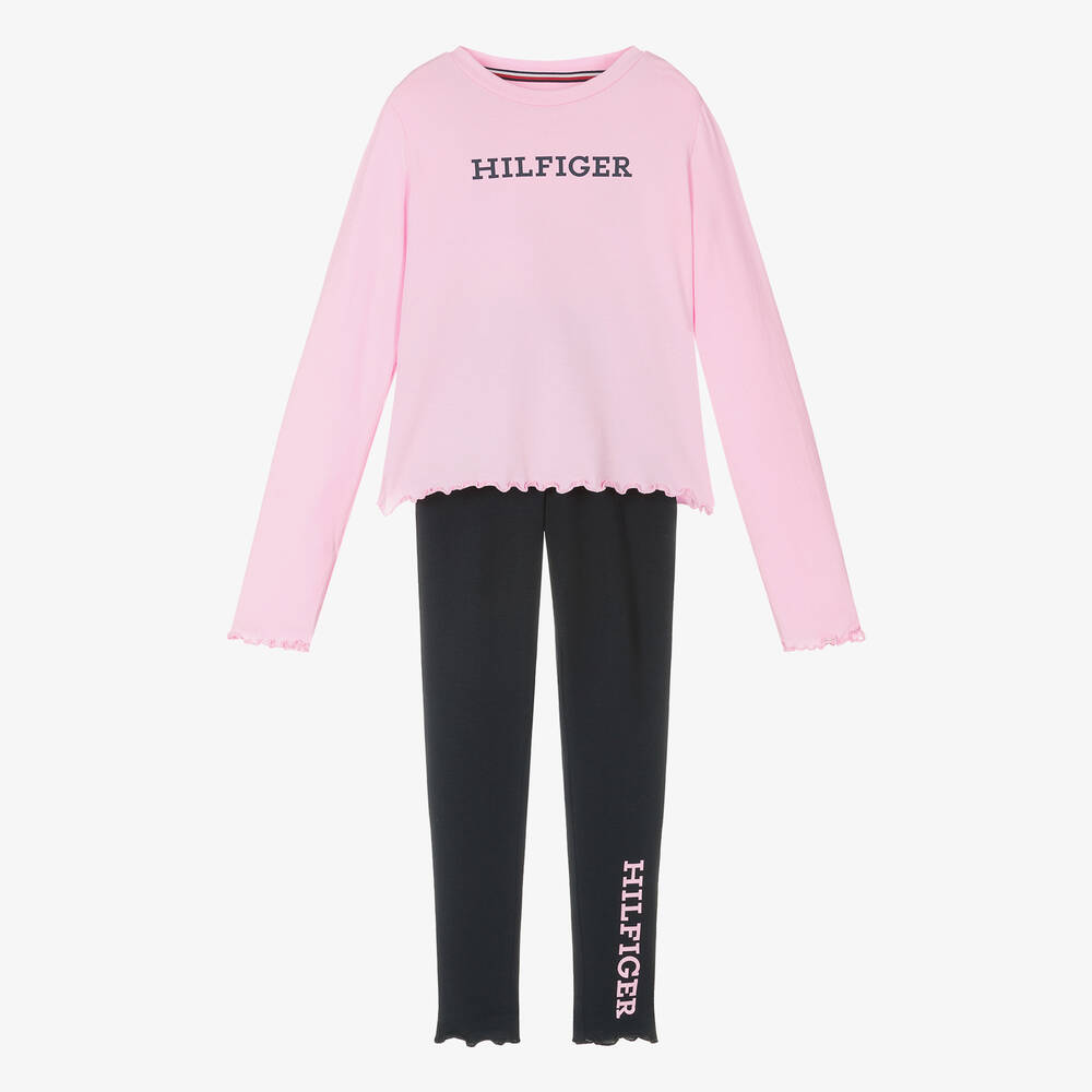 Tommy Hilfiger - Girls Pink & Navy Blue Cotton Pyjamas | Childrensalon