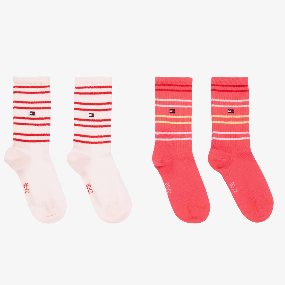 Tommy Hilfiger - Girls Pink Striped Logo Socks (2 Pack) | Childrensalon
