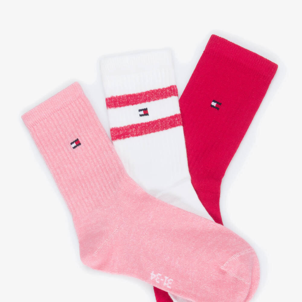 Tommy Hilfiger-Girls Pink & White Cotton Ankle Socks (3 Pack) | Childrensalon Outlet