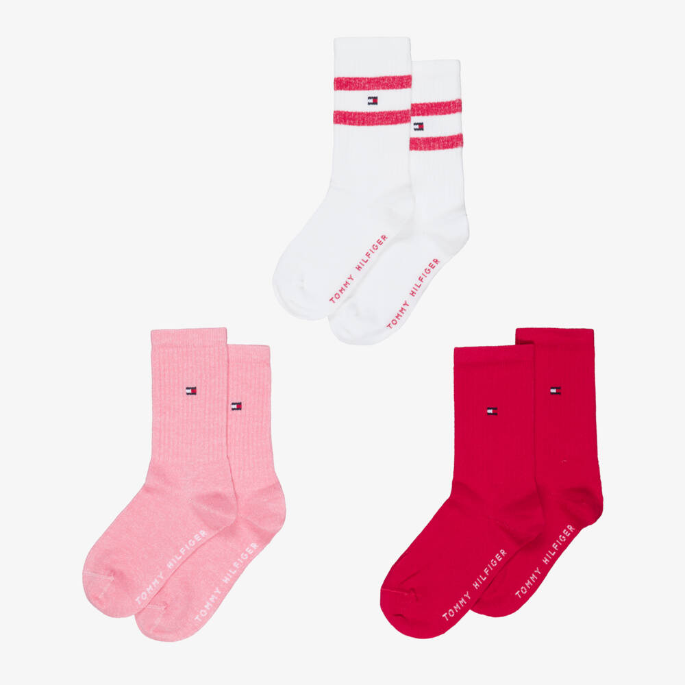 Tommy Hilfiger-Girls Pink & White Cotton Ankle Socks (3 Pack) | Childrensalon Outlet