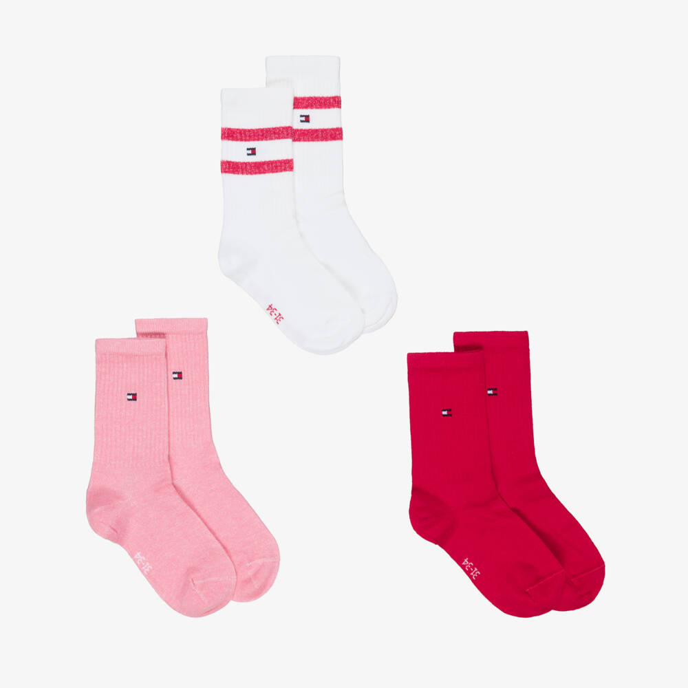 Tommy Hilfiger-Girls Pink & White Cotton Ankle Socks (3 Pack) | Childrensalon Outlet