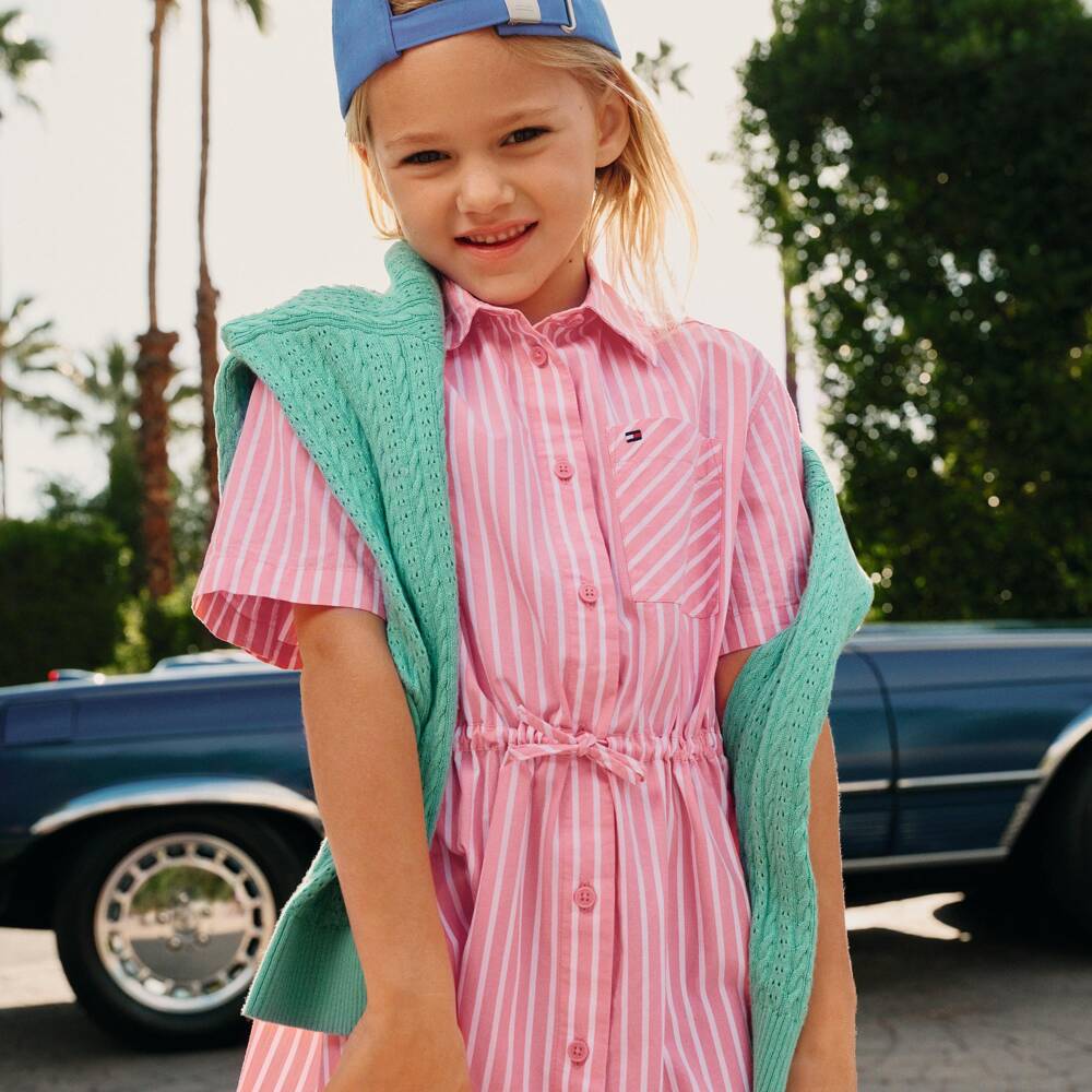 Tommy Hilfiger-Girls Pink & White Striped Cotton Shirt Dress | Childrensalon Outlet