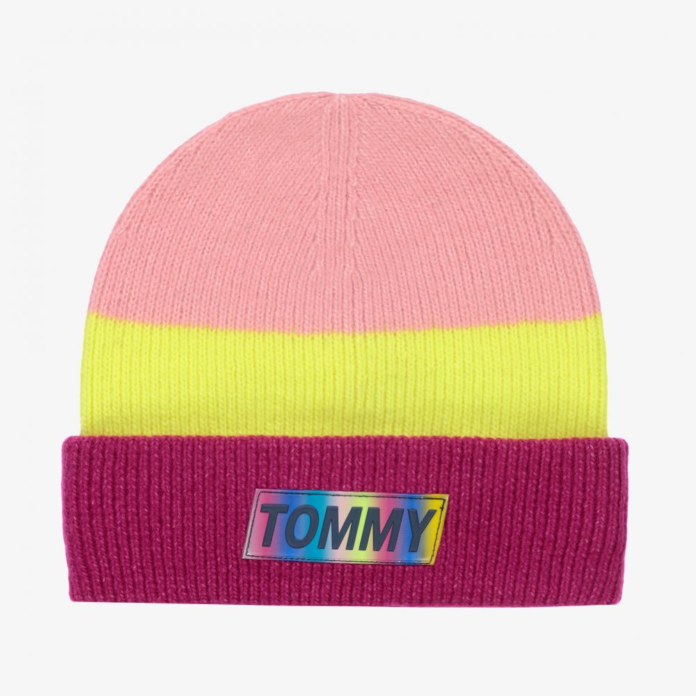Tommy Hilfiger - قبعة مزيج أكريليك وصوف محبوك لون زهري وأصفر للبنات | Childrensalon