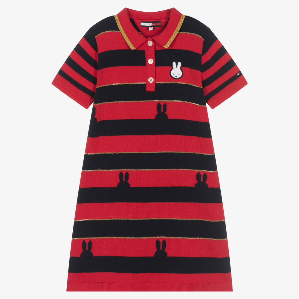 Tommy Hilfiger - فستان قطن عضوي محبوك لون أحمر وكحلي | Childrensalon