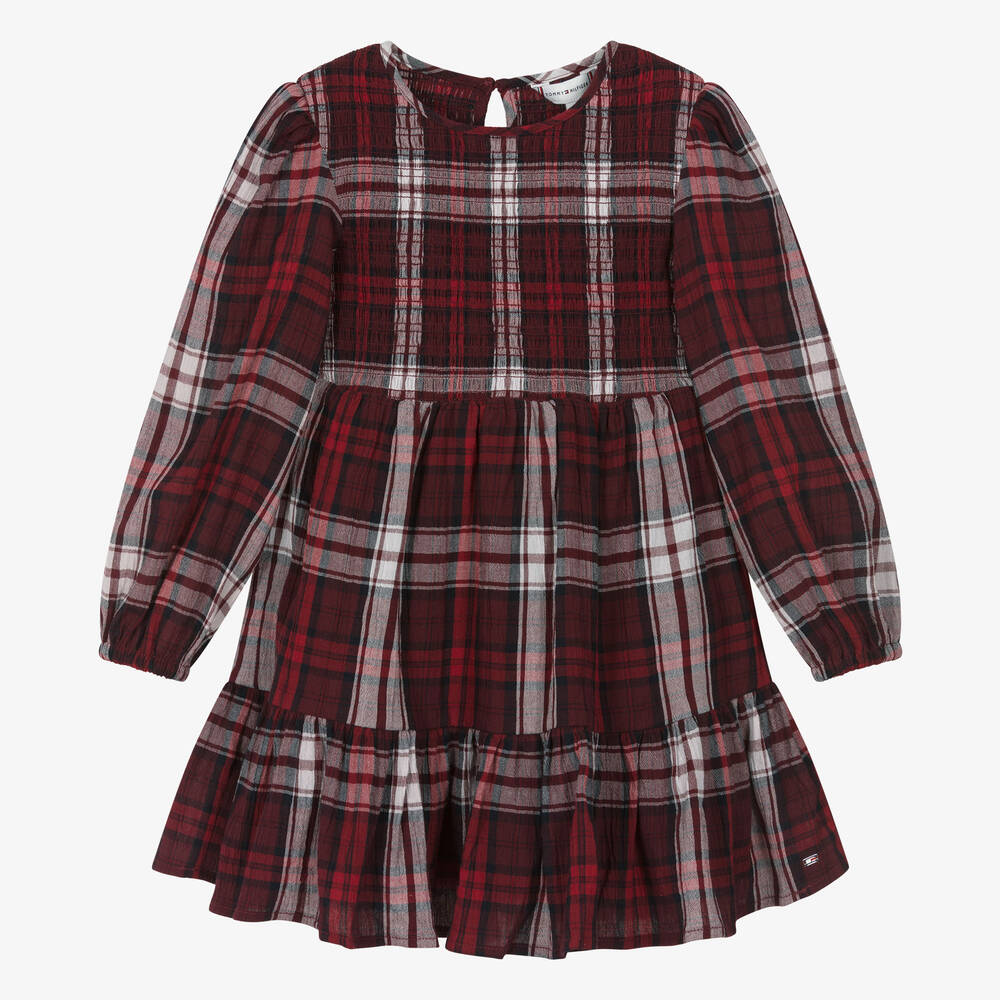 Tommy Hilfiger - Girls Red Cotton Tartan Dress  | Childrensalon