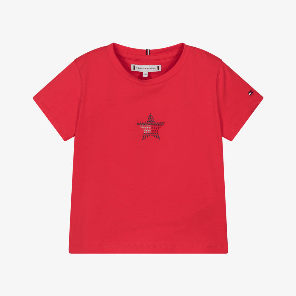 Tommy Hilfiger-Girls Red Diamanté Star Cotton Jersey T-Shirt | Childrensalon Outlet