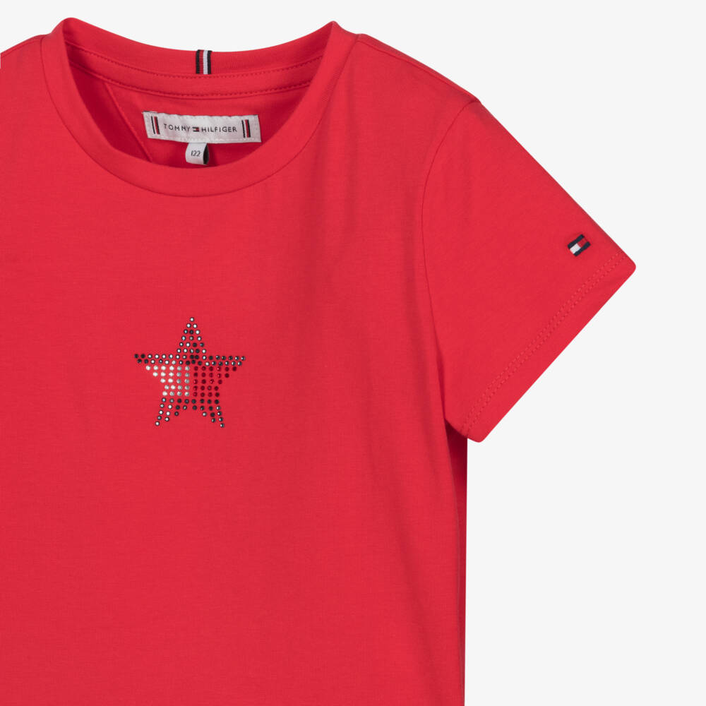 Tommy Hilfiger-Girls Red Diamanté Star Cotton Jersey T-Shirt | Childrensalon Outlet